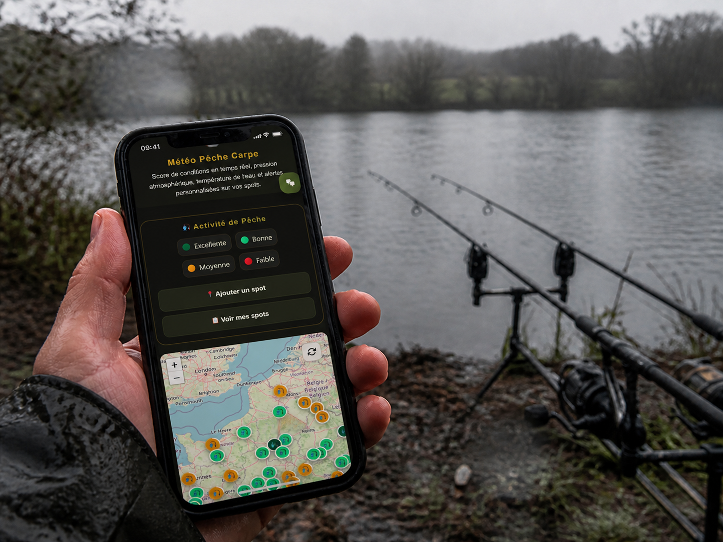 Pêcheur consultant l'outil météo pêche carpe sur smartphone au bord d'un lac