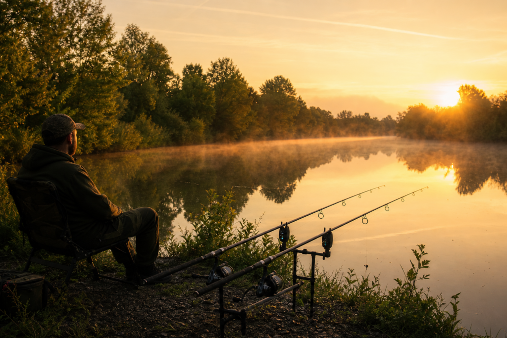 Carpiste au bord d'un lac au lever du soleil, pêche carpe été