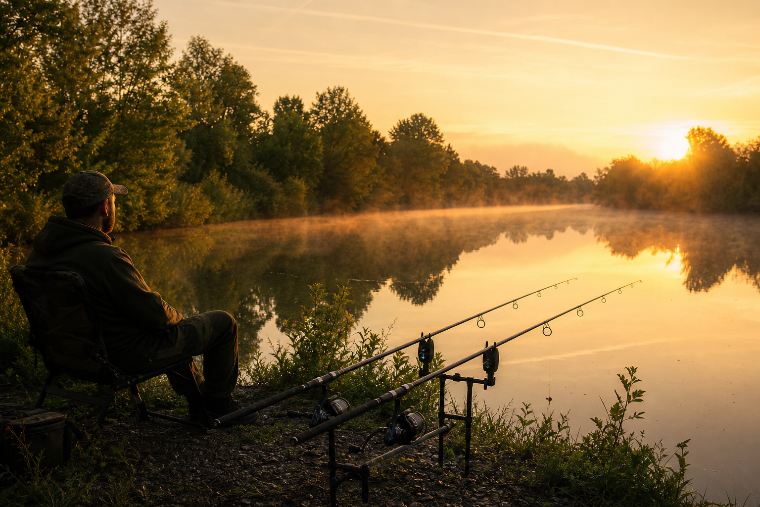 Carpiste au bord d'un lac au lever du soleil, pêche carpe été