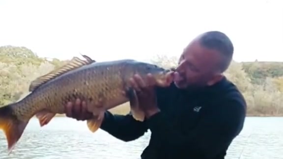 Pêcheur faisant semblant d'embrasser sa carpe — vidéo humoristique carpiste