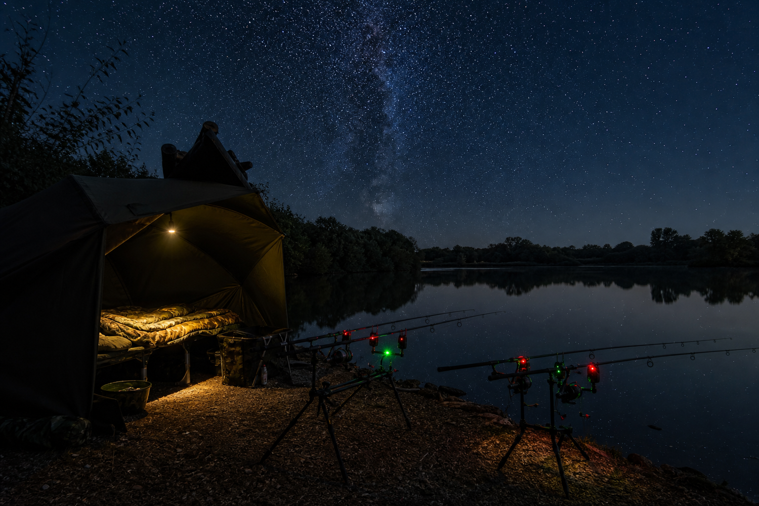 Bivouac carpiste au bord d'un lac, nuit d'été étoilée