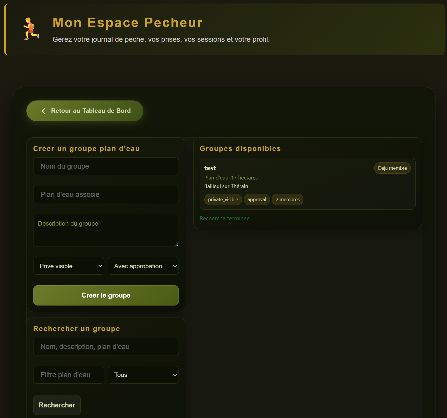 Vue d ensemble de l espace groupes avec creation, recherche et groupes disponibles
