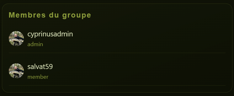 Membres du groupe avec avatar et role admin ou membre